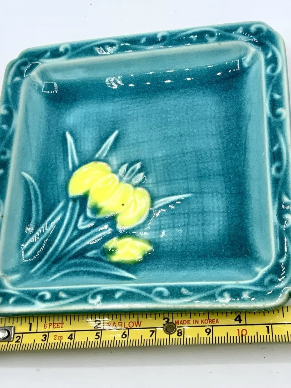 Vintage Turquoise Teal Ceramic Coaster Small Plate Set 5 Plates + Bamboo Holder
